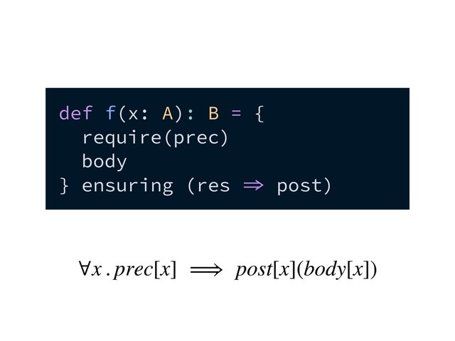 def f(x: A): B = {
require(prec)
body
} ensuring (res  post)
∀x . prec[x] ⟹ post[x](body[x])
