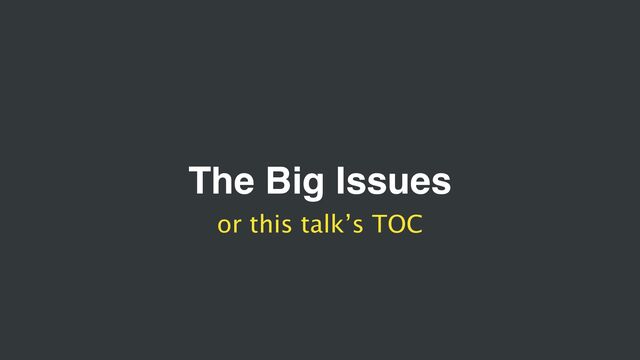 The Big Issues
or this talk’s TOC
