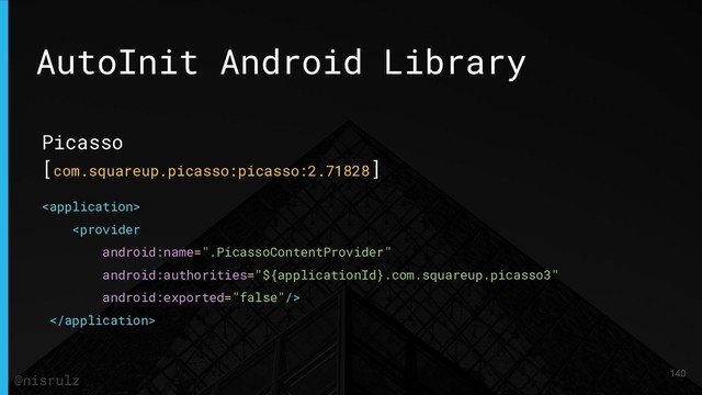AutoInit Android Library
Picasso
[com.squareup.picasso:picasso:2.71828]



140
@nisrulz
