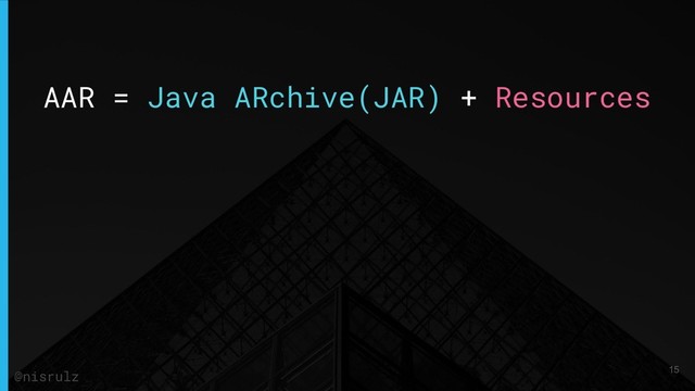 AAR = Java ARchive(JAR) + Resources
15
@nisrulz
