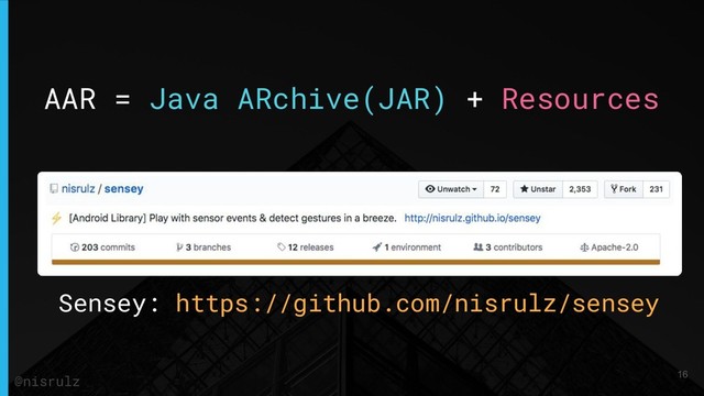 AAR = Java ARchive(JAR) + Resources
Sensey: https://github.com/nisrulz/sensey
16
@nisrulz
