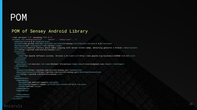 POM
POM of Sensey Android Library


4.0.0
com.github.nisrulzsensey1.8.0
aarsensey
Android library which makes playing with sensor events & detecting gestures a breeze.
https://github.com/nisrulz/sensey


The Apache Software License, Version 2.0http://www.apache.org/licenses/LICENSE-2.0.txt



nisrulzNishant Srivastavanisrulz@gmail.com


https://github.com/nisrulz/sensey.git
https://github.com/nisrulz/sensey.git
https://github.com/nisrulz/sensey



com.android.support
support-compat27.0.2
runtime


...



29
@nisrulz
