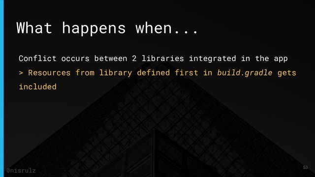 Conflict occurs between 2 libraries integrated in the app
> Resources from library defined first in build.gradle gets
included
What happens when...
53
@nisrulz
