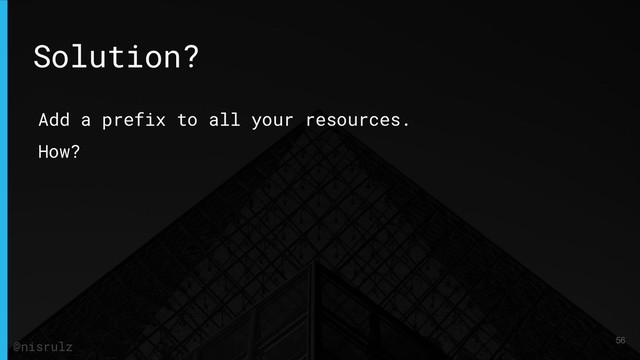 Add a prefix to all your resources.
How?
Solution?
56
@nisrulz

