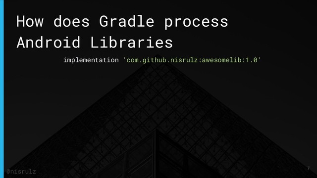 How does Gradle process
Android Libraries
implementation 'com.github.nisrulz:awesomelib:1.0'
7
@nisrulz

