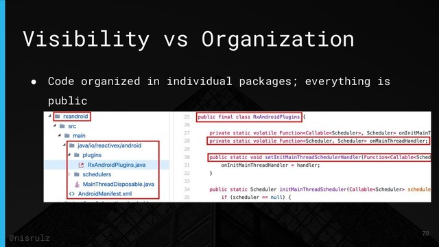 Visibility vs Organization
● Code organized in individual packages; everything is
public
70
@nisrulz
