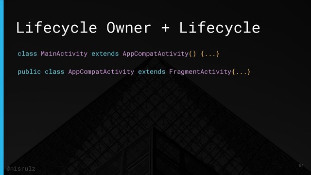 Lifecycle Owner + Lifecycle
class MainActivity extends AppCompatActivity() {...}
public class AppCompatActivity extends FragmentActivity{...}
81
@nisrulz
