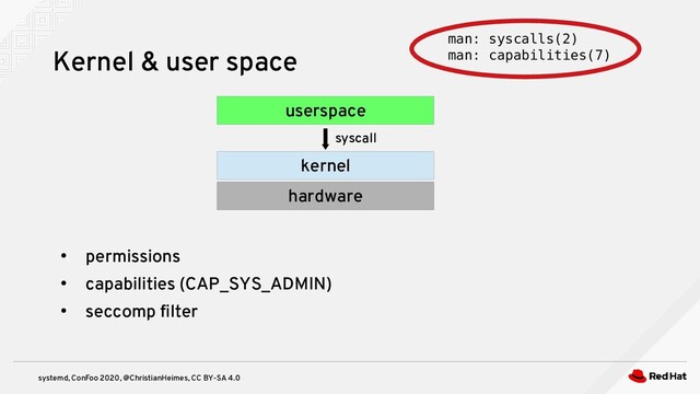 systemd, ConFoo 2020, @ChristianHeimes, CC BY-SA 4.0
●
permissions
●
capabilities (CAP_SYS_ADMIN)
●
seccomp filter
Kernel & user space
hardware
kernel
userspace
syscall
man: syscalls(2)
man: capabilities(7)
