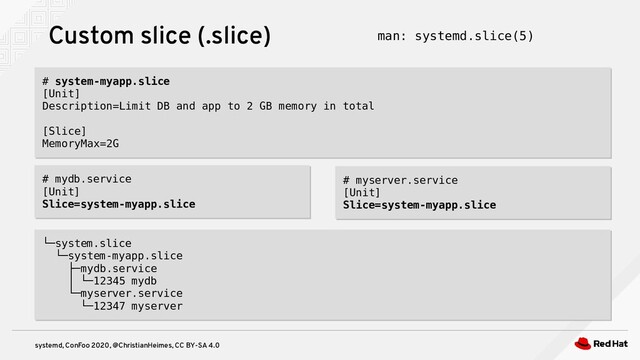 systemd, ConFoo 2020, @ChristianHeimes, CC BY-SA 4.0
Custom slice (.slice) man: systemd.slice(5)
# mydb.service
[Unit]
Slice=system-myapp.slice
# mydb.service
[Unit]
Slice=system-myapp.slice
# myserver.service
[Unit]
Slice=system-myapp.slice
# myserver.service
[Unit]
Slice=system-myapp.slice
└─system.slice
└─system-myapp.slice
├─mydb.service
│ └─12345 mydb
└─myserver.service
└─12347 myserver
└─system.slice
└─system-myapp.slice
├─mydb.service
│ └─12345 mydb
└─myserver.service
└─12347 myserver
# system-myapp.slice
[Unit]
Description=Limit DB and app to 2 GB memory in total
[Slice]
MemoryMax=2G
# system-myapp.slice
[Unit]
Description=Limit DB and app to 2 GB memory in total
[Slice]
MemoryMax=2G
