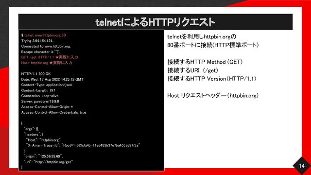 telnetによるHTTPリクエスト 
14 
$ telnet www.httpbin.org 80 
Trying 3.94.154.124... 
Connected to www.httpbin.org. 
Escape character is '^]'. 
GET /get HTTP/1.1 ★実際に入力 
Host: httpbin.org ★実際に入力 
 
HTTP/1.1 200 OK 
Date: Wed, 17 Aug 2022 14:25:15 GMT 
Content-Type: application/json 
Content-Length: 197 
Connection: keep-alive 
Server: gunicorn/19.9.0 
Access-Control-Allow-Origin: * 
Access-Control-Allow-Credentials: true 
 
{ 
"args": {}, 
"headers": { 
"Host": "httpbin.org", 
"X-Amzn-Trace-Id": "Root=1-62fcfa4b-11ed483b37e7ba455a897f3a" 
}, 
"origin": "125.56.55.69", 
"url": "http://httpbin.org/get" 
} 
telnetを利用しhttpbin.orgの  
80番ポートに接続(HTTP標準ポート)  
 
接続するHTTP Method (GET)  
接続するURI (/get)  
接続するHTTP Version（HTTP/1.1）  
 
Host リクエストヘッダー（httpbin.org）  
