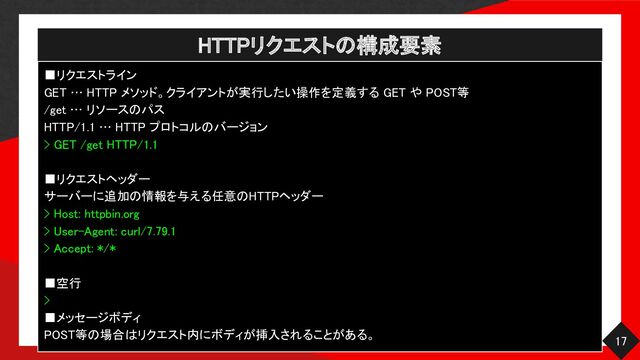 HTTPリクエストの構成要素 
17 
■リクエストライン 
GET … HTTP メソッド。クライアントが実行したい操作を定義する GET や POST等  
/get … リソースのパス  
HTTP/1.1 … HTTP プロトコルのバージョン  
> GET /get HTTP/1.1  
 
■リクエストヘッダー  
サーバーに追加の情報を与える任意のHTTPヘッダー  
> Host: httpbin.org 
> User-Agent: curl/7.79.1  
> Accept: */* 
 
■空行 
> 
■メッセージボディ 
POST等の場合はリクエスト内にボディが挿入されることがある。  
