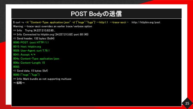 POST Bodyの送信 
25 
$ curl -v -H "Content-Type: application/json" -d '{"hoge":"fuga"}' --http1.1 --trace-ascii - http://httpbin.org/post  
Warning: --trace-ascii overrides an earlier trace/verbose option  
== Info: Trying 34.227.213.82:80...  
== Info: Connected to httpbin.org (34.227.213.82) port 80 (#0)  
=> Send header, 132 bytes (0x84)  
0000: POST /post HTTP/1.1  
0015: Host: httpbin.org  
0028: User-Agent: curl/7.79.1  
0041: Accept: */*  
004e: Content-Type: application/json  
006e: Content-Length: 15  
0082: 
=> Send data, 15 bytes (0xf)  
0000: {"hoge":"fuga"}  
== Info: Mark bundle as not supporting multiuse  
〜省略〜 
