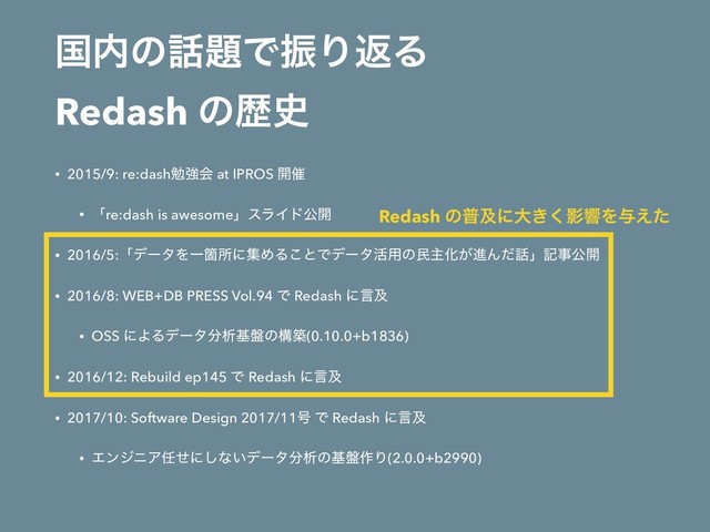 ࠃ಺ͷ࿩୊ͰৼΓฦΔ 
Redash ͷྺ࢙
• 2015/9: re:dashษڧձ at IPROS ։࠵
• ʮre:dash is awesomeʯεϥΠυެ։
• 2016/5:ʮσʔλΛҰՕॴʹूΊΔ͜ͱͰσʔλ׆༻ͷຽओԽ͕ਐΜͩ࿩ʯهࣄެ։
• 2016/8: WEB+DB PRESS Vol.94 Ͱ Redash ʹݴٴ
• OSS ʹΑΔσʔλ෼ੳج൫ͷߏங(0.10.0+b1836)
• 2016/12: Rebuild ep145 Ͱ Redash ʹݴٴ
• 2017/10: Software Design 2017/11߸ Ͱ Redash ʹݴٴ
• ΤϯδχΞ೚ͤʹ͠ͳ͍σʔλ෼ੳͷج൫࡞Γ(2.0.0+b2990)
Redash ͷීٴʹେ͖͘ӨڹΛ༩͑ͨ

