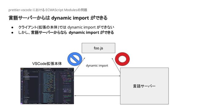 言語サーバーからは dynamic import ができる
prettier-vscode における ECMAScript Modulesの問題
● クライアント(拡張の本体)では dynamic import ができない
● しかし、言語サーバーからなら dynamic import ができる
言語サーバー
VSCode拡張本体
foo.js
dynamic import
