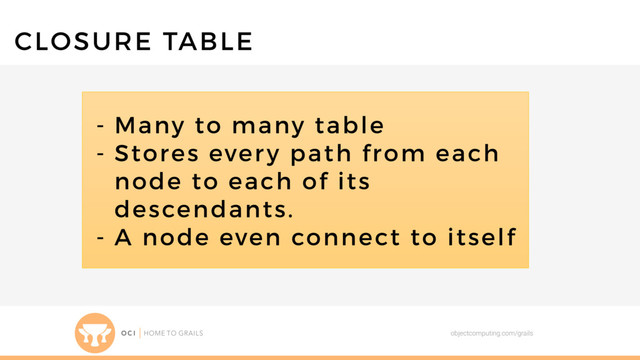 objectcomputing.com/grails
CLOSURE TABLE
- Many to many table
- Stores every path from each
node to each of its
descendants.
- A node even connect to itself
