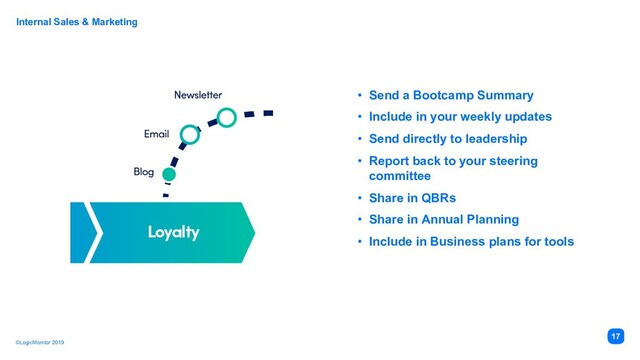 ©LogicMonitor 2019
Internal Sales & Marketing
17
• Send a Bootcamp Summary
• Include in your weekly updates
• Send directly to leadership
• Report back to your steering
committee
• Share in QBRs
• Share in Annual Planning
• Include in Business plans for tools
