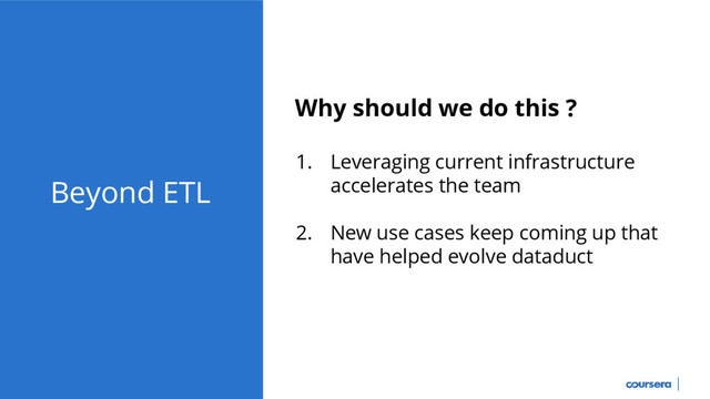Beyond ETL
Why should we do this ?
1. Leveraging current infrastructure
accelerates the team
2. New use cases keep coming up that
have helped evolve dataduct
