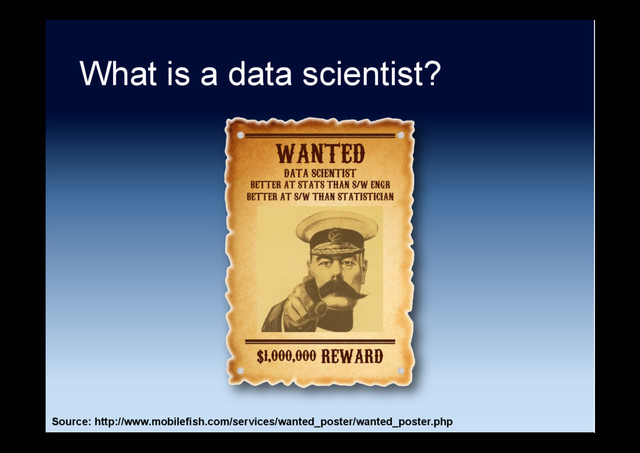 What is a data scientist?
Source: http://www.mobilefish.com/services/wanted_poster/wanted_poster.php
