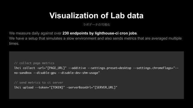 Visualization of Lab data
ϥϘσʔλͷՄࢹԽ
We measure daily against over 230 endpoints by lighthouse-ci cron jobs.
We have a setup that simulates a slow environment and also sends metrics that are averaged multiple
times.
// collect page metrics
lhci collect —url="[PAGE_URL]" --additive --settings.preset=desktop --settings.chromeFlags="--
no-sandbox --disable-gpu --disable-dev-shm-usage"
// send metrics to ci server
lhci upload --token="[TOKEN]" —serverBaseUrl="[SERVER_URL]"

