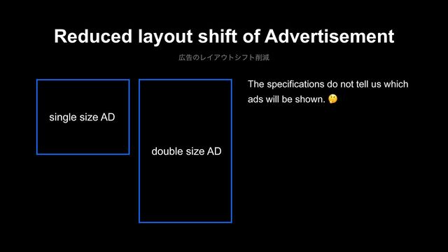 Reduced layout shift of Advertisement
޿ࠂͷϨΠΞ΢τγϑτ࡟ݮ
single size AD
double size AD
The specifications do not tell us which
ads will be shown. !
