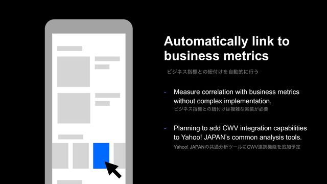 - Measure correlation with business metrics
without complex implementation.
Ϗδωεࢦඪͱͷඥ෇͚͸ෳࡶͳ࣮૷͕ඞཁ
- Planning to add CWV integration capabilities
to Yahoo! JAPAN’s common analysis tools.
Yahoo! JAPANͷڞ௨෼ੳπʔϧʹCWV࿈ܞػೳΛ௥Ճ༧ఆ
Automatically link to
business metrics
Ϗδωεࢦඪͱͷඥ෇͚Λࣗಈతʹߦ͏
