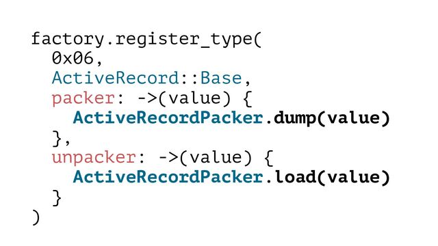 factory.register_type(
0x06,
ActiveRecord::Base,
packer: ->(value) {
ActiveRecordPacker.dump(value)
},
unpacker: ->(value) {
ActiveRecordPacker.load(value)
}
)
