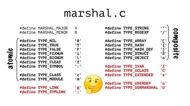 marshal.c
#define MARSHAL_MAJOR 4
#define MARSHAL_MINOR 8
#define TYPE_NIL '0'
#define TYPE_TRUE 'T'
#define TYPE_FALSE 'F'
#define TYPE_FIXNUM 'i'
#define TYPE_BIGNUM 'l'
#define TYPE_FLOAT 'f'
#define TYPE_SYMBOL ':'
#define TYPE_CLASS 'c'
#define TYPE_MODULE 'm'
#define TYPE_LINK '@'
#define TYPE_SYMLINK ';'
#define TYPE_STRING '"'
#define TYPE_REGEXP '/'
#define TYPE_ARRAY '['
#define TYPE_HASH '{'
#define TYPE_HASH_DEF '}'
#define TYPE_STRUCT 'S'
#define TYPE_OBJECT 'o'
#define TYPE_IVAR 'I'
#define TYPE_UCLASS 'C'
#define TYPE_EXTENDED 'e'
#define TYPE_USERDEF 'u'
#define TYPE_USRMARSHAL 'U'
atomic
composite
