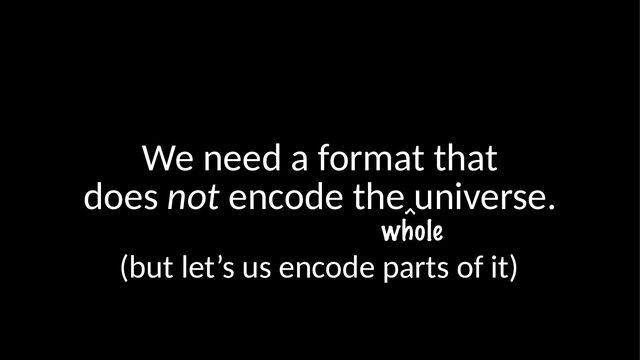 We need a format that
does not encode the universe.
(but let’s us encode parts of it)
whole
^
