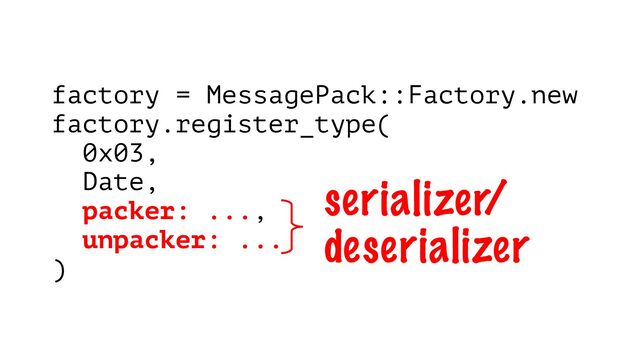 factory = MessagePack::Factory.new
factory.register_type(
0x03,
Date,
packer: ...,
unpacker: ...
)
serializer/
deserializer
