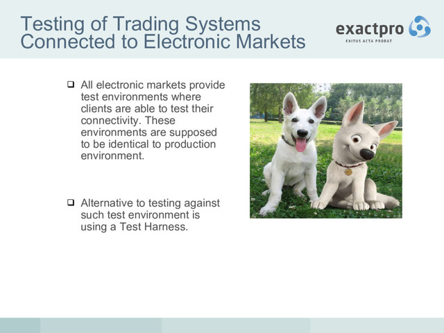 Testing of Trading Systems
Connected to Electronic Markets
 All electronic markets provide
test environments where
clients are able to test their
connectivity. These
environments are supposed
to be identical to production
environment.
 Alternative to testing against
such test environment is
using a Test Harness.
