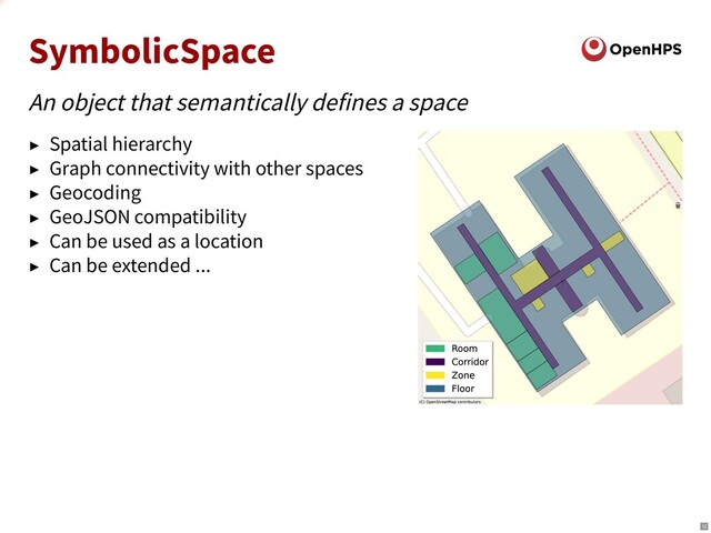 SymbolicSpace
An object that semantically defines a space
► Spatial hierarchy
► Graph connectivity with other spaces
► Geocoding
► GeoJSON compatibility
► Can be used as a location
► Can be extended ...
12
