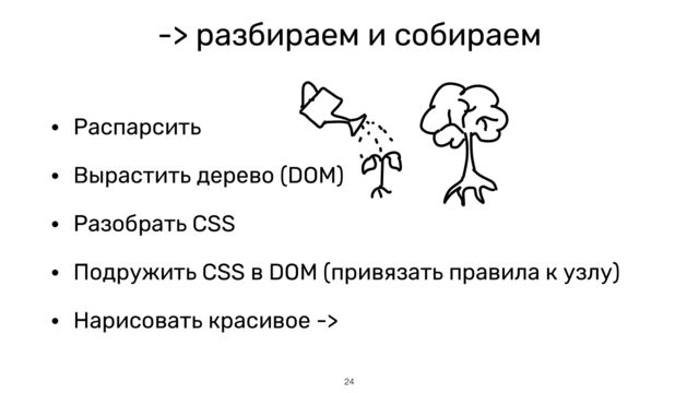 -> разбираем и собираем
• Распарсить


• Вырастить дерево (DOM)


• Разобрать CSS


• Подружить CSS в DOM (привязать правила к узлу)


• Нарисовать красивое ->
24
