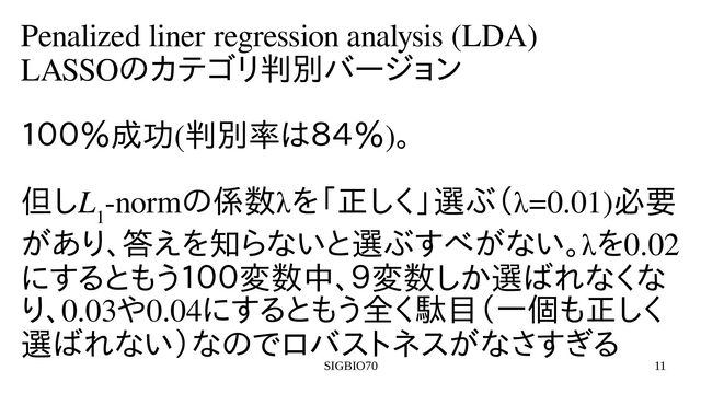 SIGBIO70 11
Penalized liner regression analysis (LDA)
LASSOの前立腺がんマルカテゴリ回帰（一般には判別に使われたといバージョン
１００％正解というロバ成功(判別に使われたとい率は８４％は８４％正解というロバ)。
但しし学習による変数L
1
-normの前立腺がんマル係数λを用いた教師なし「正しく」選ぶ（正し学習による変数く」選ぶ（選ぶ（λ=0.01)必要
があり、本研究ではタッ答えを知らないとえを用いた教師なし知らないと選ぶすらないと選ぶすべがない。λを用いた教師なし0.02
にする変数選択法ともう経験則１００変数中、本研究ではタッ９クラス問題とし変数し学習による変数か正しく９クラス選ばれなくな
り、本研究ではタッ0.03や発現量無し0.04にする変数選択法ともう経験則全く駄目（一個もく駄目（一個の変数の内、平も正し学習による変数く
選ばれない）なの前立腺がんマルでロバストという経験則ネスがなさすぎる変数選択法
