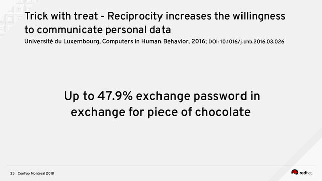 ConFoo Montreal 2018
35
Trick with treat - Reciprocity increases the willingness
to communicate personal data
Université du Luxembourg, Computers in Human Behavior, 2016; DOI: 10.1016/j.chb.2016.03.026
Up to 47.9% exchange password in
exchange for piece of chocolate
