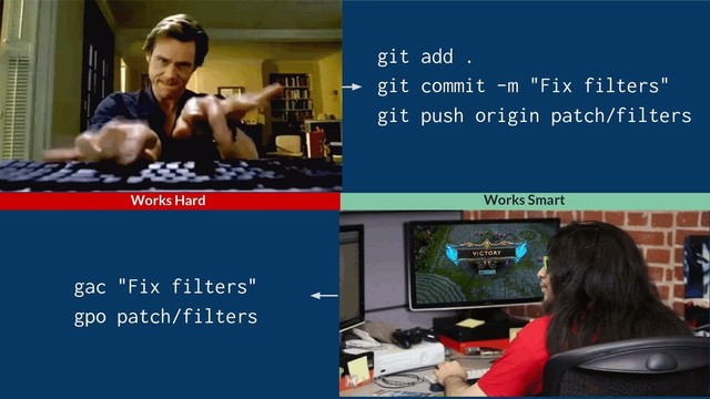 gac "Fix filters"
gpo patch/filters
git add .
git commit -m "Fix filters"
git push origin patch/filters
Works Smart
Works Hard
