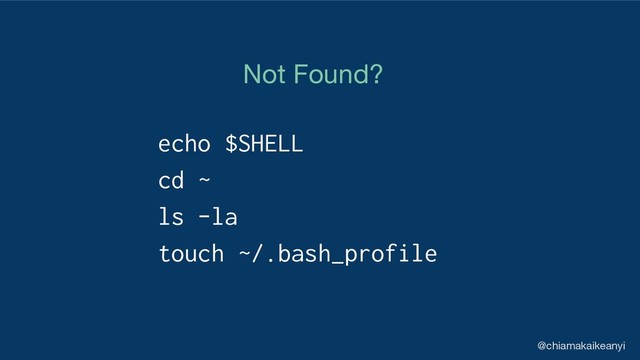 echo $SHELL
cd ~
ls -la
touch ~/.bash_profile
Not Found?
@chiamakaikeanyi
