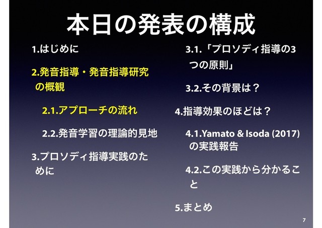 ຊ೔ͷൃදͷߏ੒
7
1.͸͡Ίʹ
2.ൃԻࢦಋɾൃԻࢦಋݚڀ
ͷ֓؍
2.1.ΞϓϩʔνͷྲྀΕ
2.2.ൃԻֶशͷཧ࿦తݟ஍
3.ϓϩισΟࢦಋ࣮ફͷͨ
Ίʹ
3.1.ʮϓϩισΟࢦಋͷ3
ͭͷݪଇʯ
3.2.ͦͷഎܠ͸ʁ
4.ࢦಋޮՌͷ΄Ͳ͸ʁ
4.1.Yamato & Isoda (2017)
ͷ࣮ફใࠂ
4.2.͜ͷ࣮ફ͔Β෼͔Δ͜
ͱ
5.·ͱΊ
