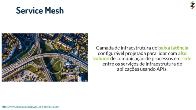 Camada de infraestrutura de baixa latência
conﬁgurável projetada para lidar com alto
volume de comunicação de processos em rede
entre os serviços de infraestrutura de
aplicações usando APIs.
Service Mesh
https://www.nginx.com/blog/what-is-a-service-mesh/
