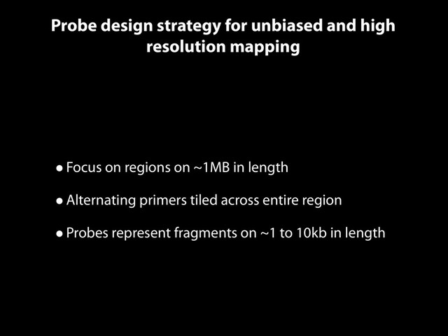 Probe design strategy for unbiased and high
resolution mapping
•Focus on regions on ~1MB in length
•Alternating primers tiled across entire region
•Probes represent fragments on ~1 to 10kb in length
