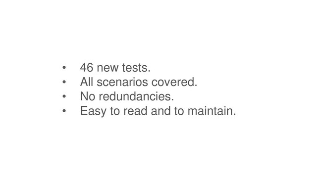 • 46 new tests.
• All scenarios covered.
• No redundancies.
• Easy to read and to maintain.
