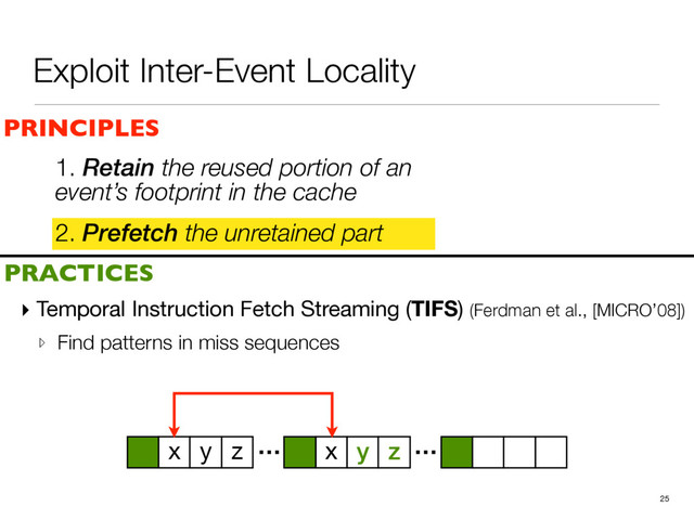 Exploit Inter-Event Locality
2. Prefetch the unretained part
25
PRINCIPLES
PRACTICES
1. Retain the reused portion of an
event’s footprint in the cache
▸ Temporal Instruction Fetch Streaming (TIFS) (Ferdman et al., [MICRO’08])

▹ Find patterns in miss sequences
… …
x y z x y z
