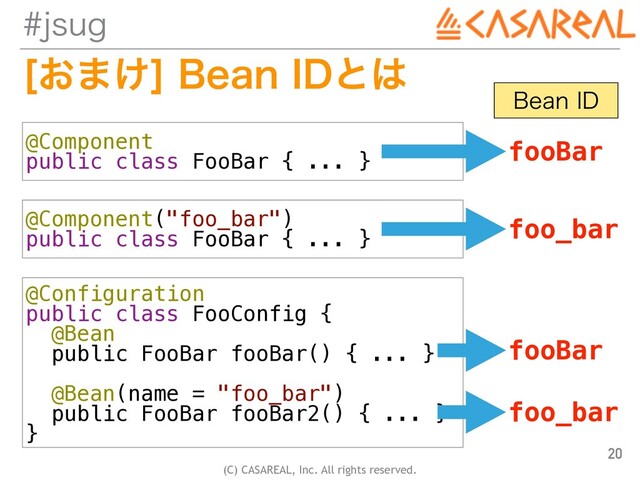 (C) CASAREAL, Inc. All rights reserved.
KTVH
<͓·͚>#FBO*%ͱ͸
20
@Component


public class FooBar { ... }
@Component("foo_bar")


public class FooBar { ... }
@Configuration


public class FooConfig {


@Bean


public FooBar fooBar() { ... }


@Bean(name = "foo_bar")


public FooBar fooBar2() { ... }


}
fooBar
foo_bar
fooBar
foo_bar
#FBO*%

