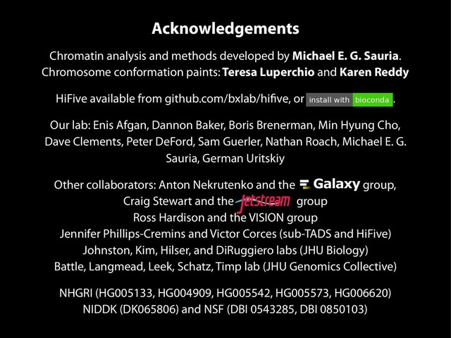 Acknowledgements
Chromatin analysis and methods developed by Michael E. G. Sauria.
Chromosome conformation paints: Teresa Luperchio and Karen Reddy
HiFive available from github.com/bxlab/hifive, or .
Our lab: Enis Afgan, Dannon Baker, Boris Brenerman, Min Hyung Cho,
Dave Clements, Peter DeFord, Sam Guerler, Nathan Roach, Michael E. G.
Sauria, German Uritskiy
Other collaborators: Anton Nekrutenko and the group, 
Craig Stewart and the group 
Ross Hardison and the VISION group 
Jennifer Phillips-Cremins and Victor Corces (sub-TADS and HiFive) 
Johnston, Kim, Hilser, and DiRuggiero labs (JHU Biology) 
Battle, Langmead, Leek, Schatz, Timp lab (JHU Genomics Collective)
NHGRI (HG005133, HG004909, HG005542, HG005573, HG006620) 
NIDDK (DK065806) and NSF (DBI 0543285, DBI 0850103)
funded by the National Science Foundation
Award #ACI-1445604
install with bioconda
