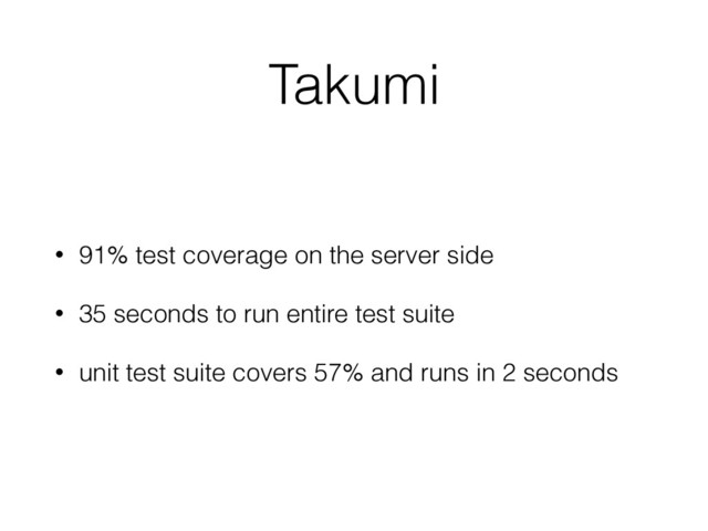 Takumi
• 91% test coverage on the server side
• 35 seconds to run entire test suite
• unit test suite covers 57% and runs in 2 seconds
