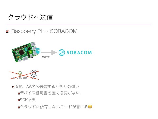 Ϋϥ΢υ΁ૹ৴
Raspberry Pi 㱺 SORACOM
σόΠεূ໌ॻ SDK
௚઀ɺAWS΁ૹ৴͢Δͱ͖ͱͷҧ͍
σόΠεূ໌ॻΛஔ͘ඞཁ͕ͳ͍
SDKෆཁ
Ϋϥ΢υʹґଘ͠ͳ͍ίʔυ͕ॻ͚Δ
MQTT
