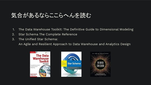 気合があるならここらへんを読む
1. The Data Warehouse Toolkit: The Deﬁnitive Guide to Dimensional Modeling
2. Star Schema The Complete Reference
3. The Uniﬁed Star Schema:
An Agile and Resilient Approach to Data Warehouse and Analytics Design
