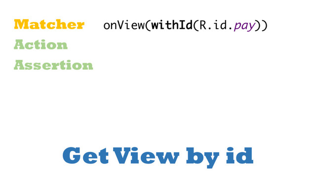 Get View by id
Matcher
Action
Assertion
onView(withId(R.id.pay))
