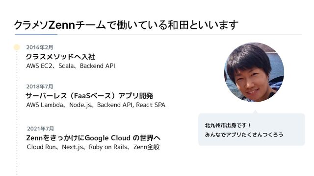 クラメソZennチームで働いている和田といいます
クラスメソッドへ入社
2016年2月
AWS EC2、Scala、Backend API
サーバーレス（FaaSベース）アプリ開発
2018年7月
AWS Lambda、Node.js、Backend API, React SPA
ZennをきっかけにGoogle Cloud の世界へ
2021年7月
Cloud Run、Next.js、Ruby on Rails、Zenn全般
北九州市出身です！
みんなでアプリたくさんつくろう
