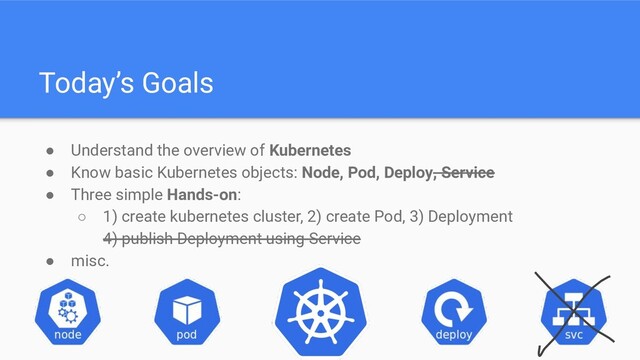 Today’s Goals
● Understand the overview of Kubernetes
● Know basic Kubernetes objects: Node, Pod, Deploy, Service
● Three simple Hands-on:
○ 1) create kubernetes cluster, 2) create Pod, 3) Deployment
4) publish Deployment using Service
● misc.
