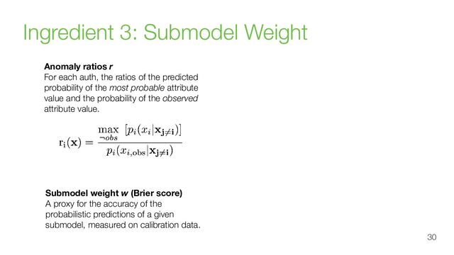 © 2020 Cisco Systems, Inc. and/or its aﬃliates. All rights reserved.
Submodel weight w (Brier score)
A proxy for the accuracy of the
probabilistic predictions of a given
submodel, measured on calibration data.
Ingredient 3: Submodel Weight
Anomaly ratios r
For each auth, the ratios of the predicted
probability of the most probable attribute
value and the probability of the observed
attribute value.
30
